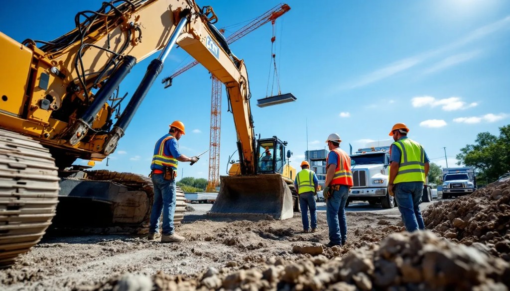 Active construction site with excavator, crane, workers in safety gear, and clear blue sky